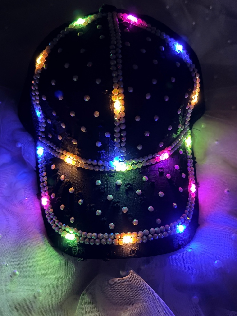 Handmade LED Rhinestone Cap | Light-Up Party Halloween Hat